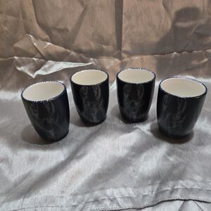 4 Coffee Mugs Lobster Sealife Beach Navy Blue White